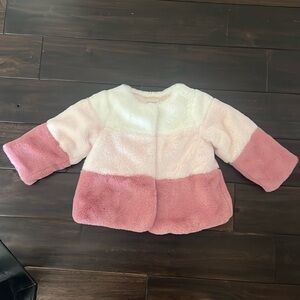 Furry toddler jacket with hidden button closure. White, baby pink & dusty rose.